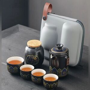 Chinese Year Of The Snake Elegant Black and Gold Glass Tea Set Travel Case Cups